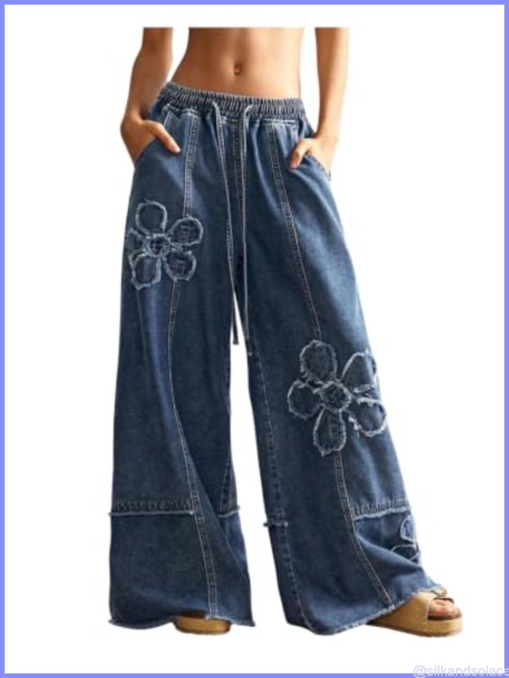 Wide Leg Baggy Jeans Denim Boho Pants Low Rise Drawstring